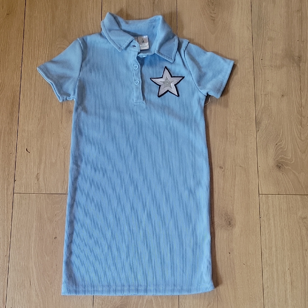 Sky Blue Star Embroidered Kids Polo Dress